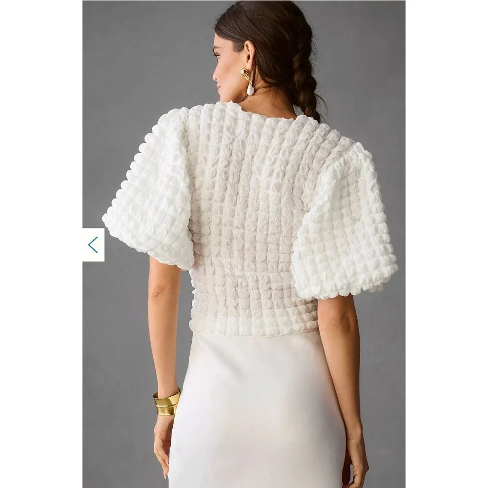Eri + Ali Anthropologie Bubble Puff-Sleeve Top Textured Minimalist Sz S